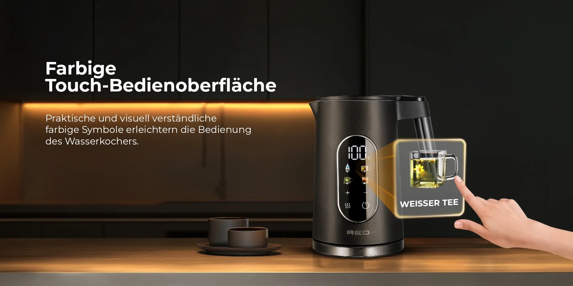 Wasserkocher 1,7L  Schnellkochfunktion, Abschaltautomatik, 2000W, BPA-frei – Colorsense A15E – Stylischer Wasserkocher mit LED-Anzeige